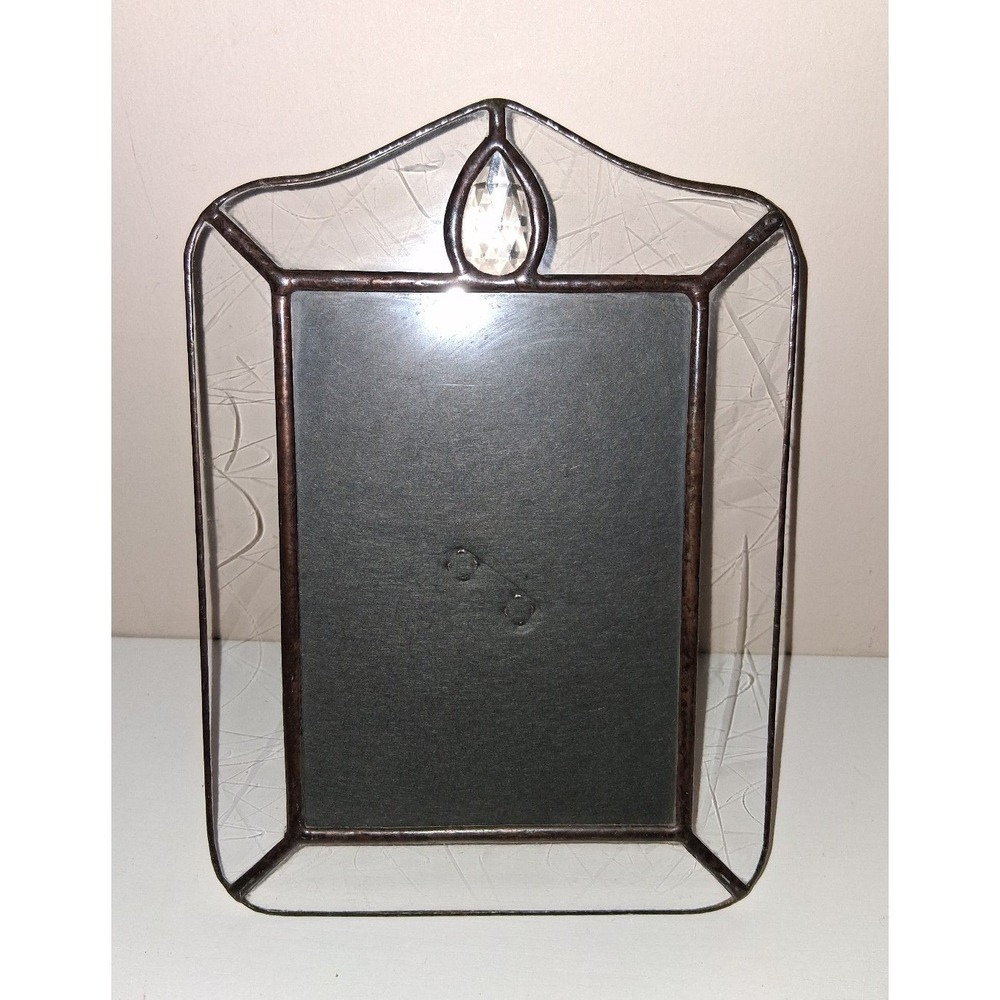 Vintage Leaded Glass Picture Frame w/ Beveled Crystal Accent | 10" Portrait